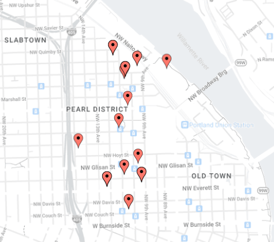 Map of location of sales of $2 million plus condo sales in the Pearl District in Portland, Oregon