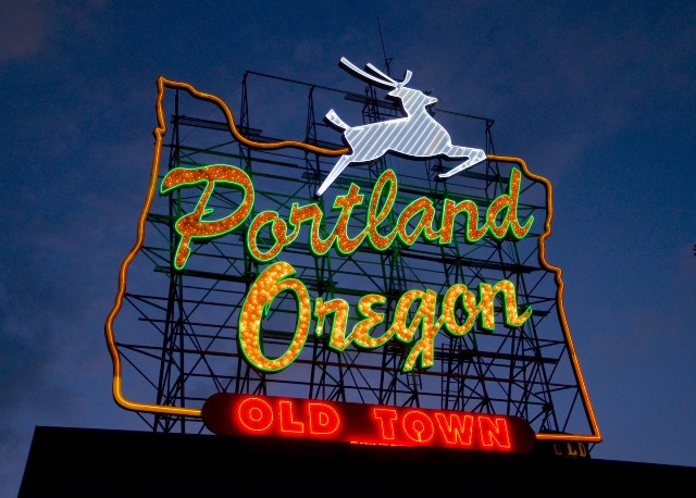 Picture of famous Portland, Oregon white stag neon sign.