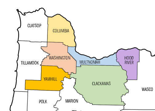 Colored map of the six counties comprising the Portland Region: Clackamas, Columbia, Hood River, Multnomah, Washington, and Yamhill.