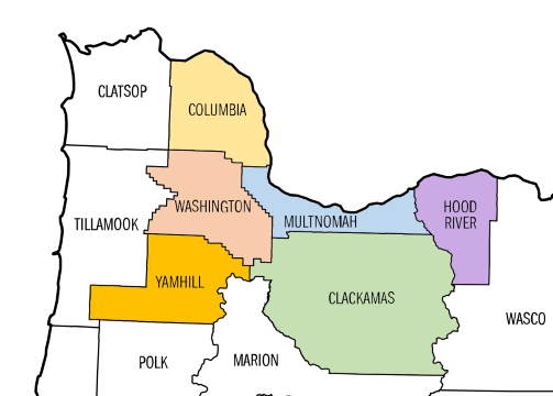 Colored map of Oregon showing the six-county Portland Region for residential appraisal purposes in Clackamas, Columbia, Hood River, Multnomah, Washington, and Yamhill Counties