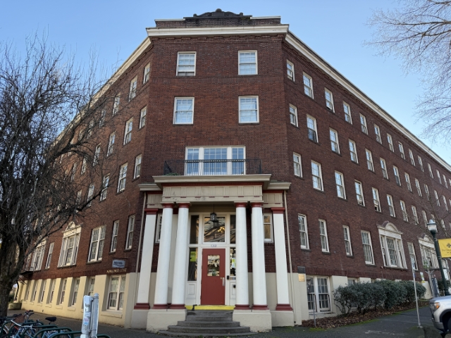 Montgomery Court is a historic apartment building erected in 1916, designed by architect A. E. Doyle. Located at 1802 SW 10th Avenue in Portland, Oregon, it now serves as a residence hall for Portland State University. The red brick structure features classical columns at the entrance and multi-pane windows.