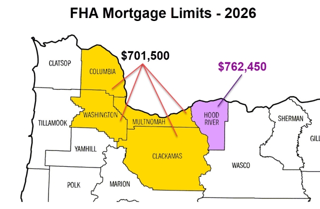 026 FHA loan limits by county in the Portland region – Portland metro MSA at $701,500, Hood River County at $762,450