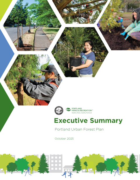Portland Urban Forest Plan Executive Summary cover featuring diverse community members planting and caring for trees in Portland neighborhoods. 