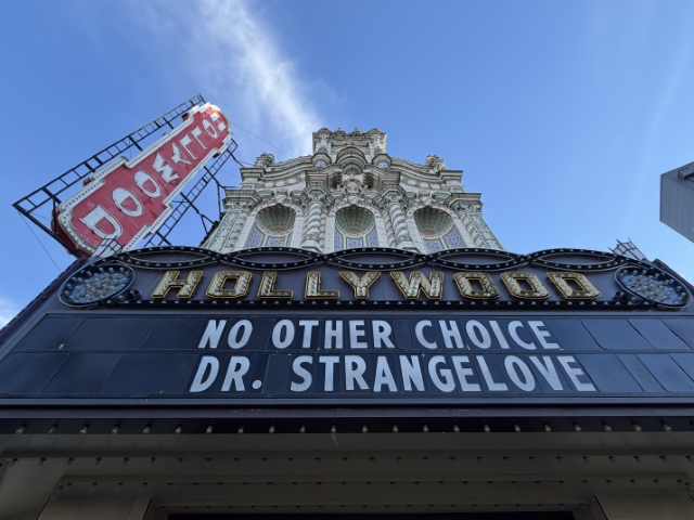 Historic Hollywood Theatre facade and marquee in Northeast Portland – January 12, 2026, showing ornate architecture and current film programming.