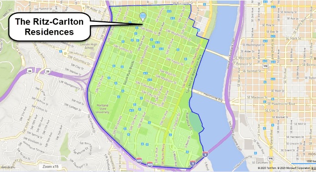 Map of Portland Downtown neighborhood boundary showing location of Block 216 and The Ritz-Carlton Residences Portland