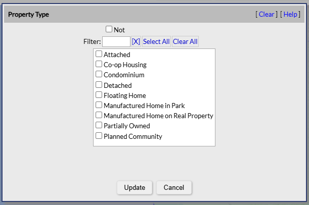 Screenshot of RMLS property type categories: attached, co-op housing, condominium, detached, floating home, manufactured home in park, manufactured home on real property, partially owned, and planned community.