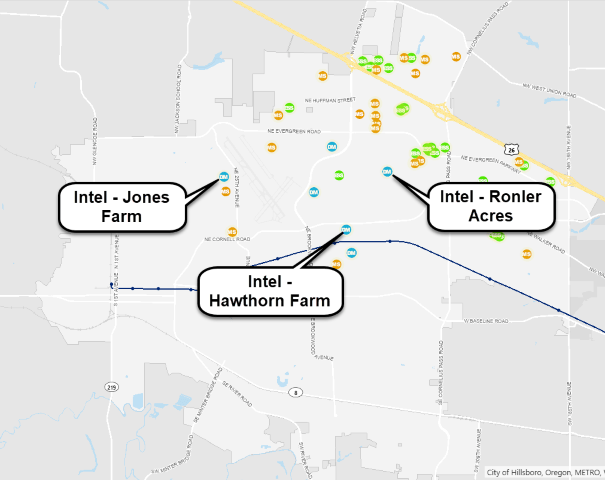 Map of Hillsboro Oregon semiconductor cluster showing Intel Ronler Acres, Jones Farm, and Hawthorn Farm campuses alongside related industry sites, highlighting employment concentration affecting nearby residential values.