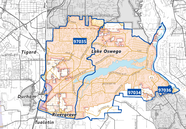 Map of the two Lake Oswego ZIP codes showing the #1 and #3 most expensive ZIPs for detached single-family homes in the Portland Region with significant sales volume.